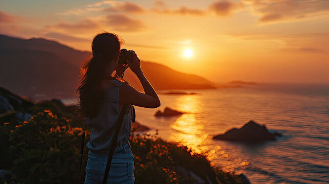 Travel planning concept, Close up of tourist woman is capturing the sunrise. AI Generative