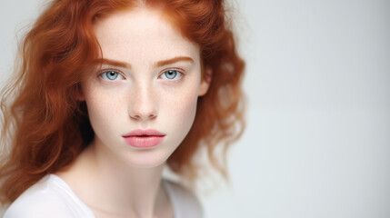 Fototapeta premium Portrait of beautiful teen girl with ginger hair, blue eyes, plump lips, naive facial expression. Natural beauty with freckles on the face. Advertising of cosmetics, perfumes
