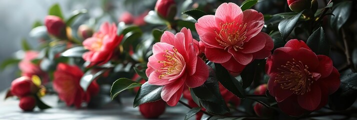 Camellia Flowers On White Background, Banner Image For Website, Background, Desktop Wallpaper - obrazy, fototapety, plakaty
