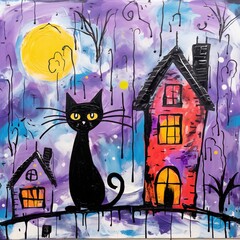 Black cat on fence near two houses under yellow moon