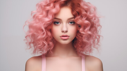Beautiful young woman with blue eyes, pink curly hair, plump lips, naive facial expression close-up. Natural beauty with glowing healthy skin. Advertising of cosmetics, perfumes, copy space