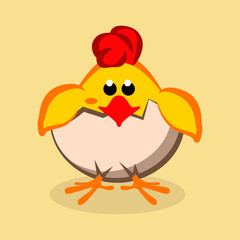 Chicken baby peeking out of the cracked egg. Cute chick. Vector illustration isolated on an orange background