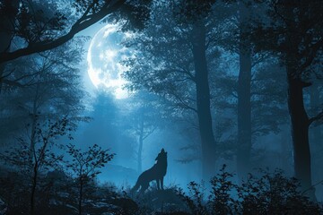 werewolf howling at the moon in a forest howling wolf - obrazy, fototapety, plakaty
