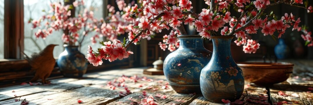 Cherry Blossoms Vase Candle Decorative Bird, Banner Image For Website, Background, Desktop Wallpaper