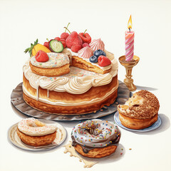 birthday creampuff cake on a white background, Generate AI.