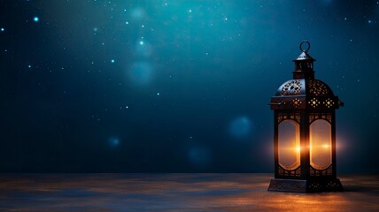 Arabic Lantern With Glowing Light Burning Candle on Night Sky Background on left, empty space on right, copy space - generative ai