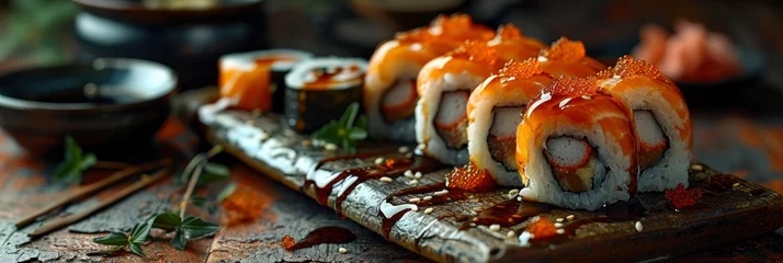 Foto op Canvas Classic Sushi Roll Seafood Soy Sauce, Banner Image For Website, Background, Desktop Wallpaper © Pic Hub