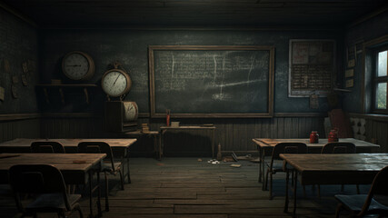 old school classroom with blackboard on the wall - obrazy, fototapety, plakaty