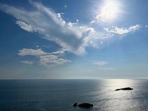Scenic clouds in the sky over blue shiny sea water 