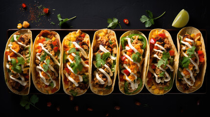 Appetizing tacos on dark background. top view