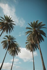 Palm trees in summer with clear blue sky, photo taken from ground looking up, tropical vacation generative AI