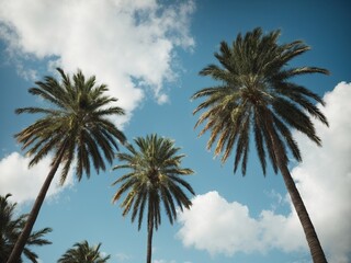 Fototapeta na wymiar Palm trees in summer with clear blue sky, photo taken from ground looking up, tropical vacation generative AI