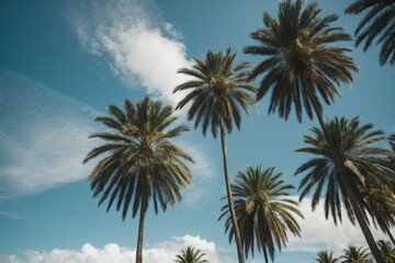 Palm trees in summer with clear blue sky, photo taken from ground looking up, tropical vacation generative AI
