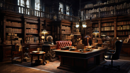 Old library interior with bookshelf and books.