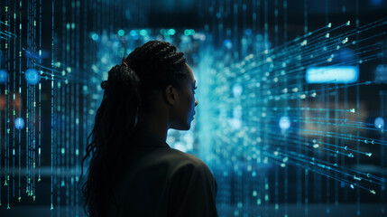 Young Woman Looking at Digital Screen Displaying code Lines. Professional Programmer Developing a Big Data Interface Software Project.