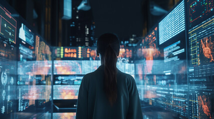 Young Woman Looking at Digital Screen Displaying code Lines. Professional Programmer Developing a Big Data Interface Software Project.