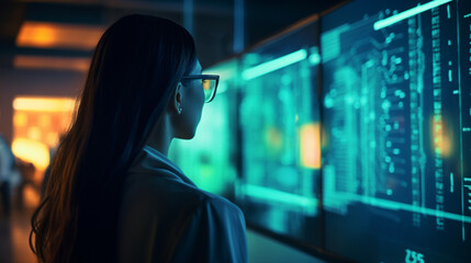 Young Woman Looking at Digital Screen Displaying code Lines. Professional Programmer Developing a Big Data Interface Software Project. - obrazy, fototapety, plakaty