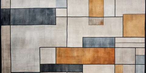 Modern geometric rug featuring an intricate wall edging pattern. It draws inspiration from glazed surfaces and boasts a rustic texture, with a color palette ranging from light yellow to dark blue. - obrazy, fototapety, plakaty