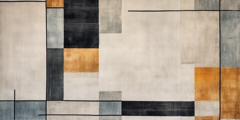 Modern geometric rug featuring an intricate wall edging pattern. It draws inspiration from glazed surfaces and boasts a rustic texture, with a color palette ranging from light yellow to dark blue. - obrazy, fototapety, plakaty