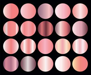 Set of gold rose foil texture. Collection of pink metallic textures isolated on black background. Vector illustration