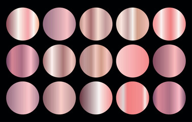 Set of gold rose foil texture. Collection of pink metallic textures isolated on black background. Vector illustration