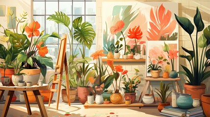 An illustration of a sunlit room filled with plants and paintings