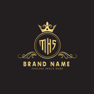 letter mhs ornamental logo concept with golden crown and mockup