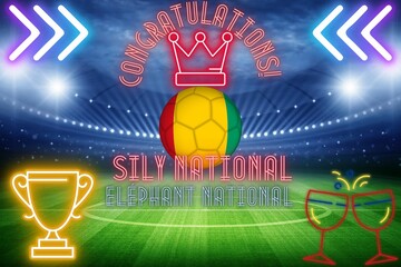 Fototapeta premium carte de congratulation pour l'équipe nationale de football de Guinée Conakry avec un ballon de football colorié au drapeau de Guinnée au milieu d'un stade