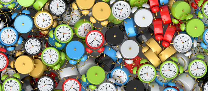 Pile of alarm clocks on multicolor background. 3d render of wake up time