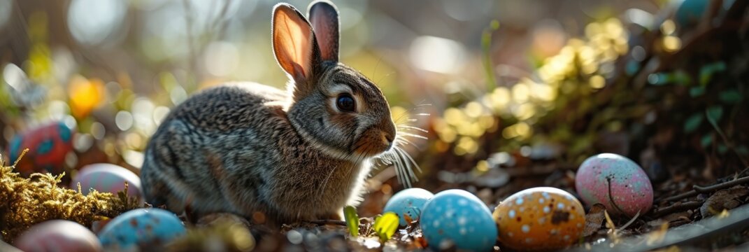 Cute Bunny Next Easter Colorful Eggs, Banner Image For Website, Background, Desktop Wallpaper
