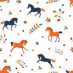 Cute cartoon horses, seamless vector pattern, kids style