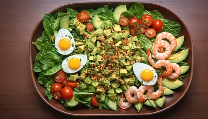  a salad with shrimp, avocado, tomatoes, lettuce, eggs, and avocados in a brown bowl on a wooden table with a wooden surface.