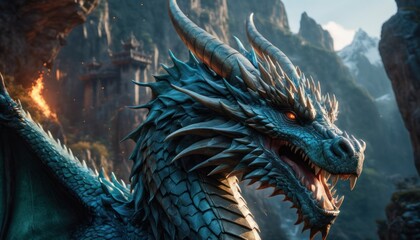  a close up of a dragon with its mouth open in front of a mountain range with fire coming out of it's mouth and a mountain in the background. - obrazy, fototapety, plakaty