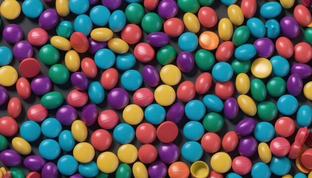  a close up of a bunch of colorful candies on a black surface with a red object in the middle of the picture and a red object in the middle of the picture.