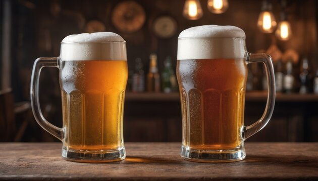  two mugs of beer sitting on a table in front of a bar with bottles of beer in the back ground and a bar in the back ground behind them.