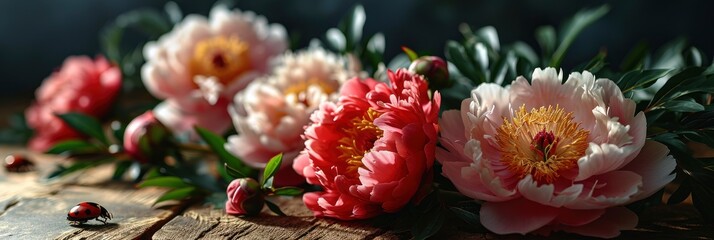 Fototapeta na wymiar Delicate Pink Peonies Flowers Ladybird Petals, Banner Image For Website, Background, Desktop Wallpaper