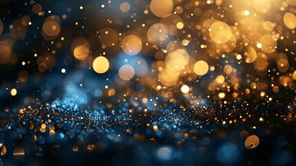 Fototapeta na wymiar Abstract festive dark background with gold glitter and bokeh. New year, birthday, holidays celebration