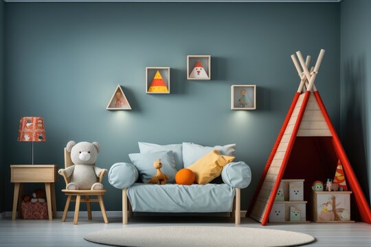 Scandinavian interior design of playroom with wooden cabinet, armchairs, a lot of plush and wooden toys. Stylish and cute childroom decor. Blue background walls. Copy space. Template.
