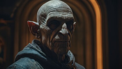  a close up of a statue of an old man wearing a hoodie and looking at the camera with an evil look on his face and a doorway in the background.