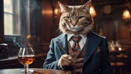  a cat dressed in a suit and tie sitting at a table with a glass of wine in front of him and a cigar in the other side of the table.