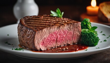  a piece of steak with sauce and broccoli on a white plate with a lit candle in the background and a white vase with a candle in the middle.