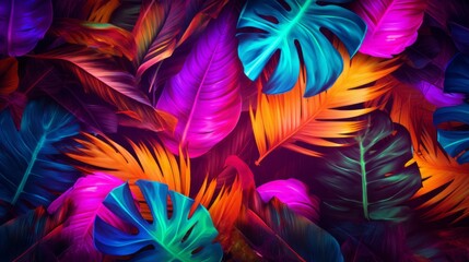 Vibrant tropical neon: creative layout of fluorescent leaves illuminated in neon light square
