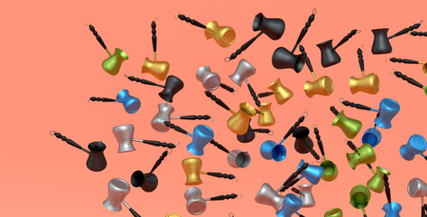 Many of flying Turkish coffee cooked in sand or coffee maker cezve on orange