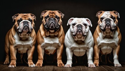  a group of three dogs sitting next to each other on top of a wooden floor in front of a black background with three dogs facing in the same direction of the same direction. - obrazy, fototapety, plakaty