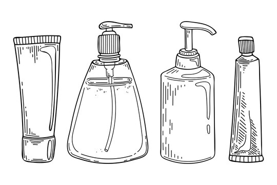 Set Cosmetic Bottles Sketch. Sanitizer Tube Cream Gel. Hand Drawn Line Art Illustration.