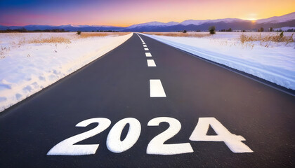 Happiness in New Year 2024 or straightforward concept. Text 2024 and smiley face written on the road in the middle of asphalt road at sunset and snow fuel. Happiness, optimistic, , Ai Generative 