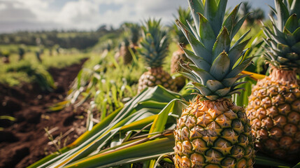 Pineapple fields stretch out to the horizon, a lush green oasis in the sun-baked landscape. ai generated.