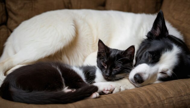  a black and white cat laying next to a black and white dog on a brown couch with it's head on a black and white cat's head.
