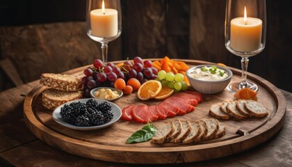  a wooden platter filled with cheese, crackers, fruit, crackers, and crackers next to two glasses of wine and a candle on a wooden table.