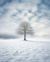 Fototapeta na wymiar A lone tree in a field of snow, AI Generative.
